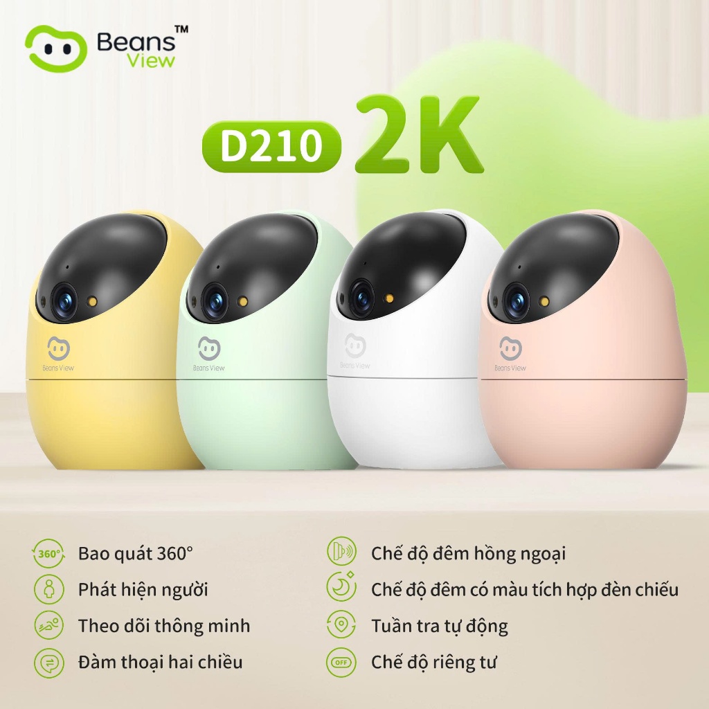 Camera Wifi BeansView Trong nhà D210 3MP, 4 Phiên Bản Màu, Xoay 360 Độ, Đàm Thoại, Ai Thông Minh 3