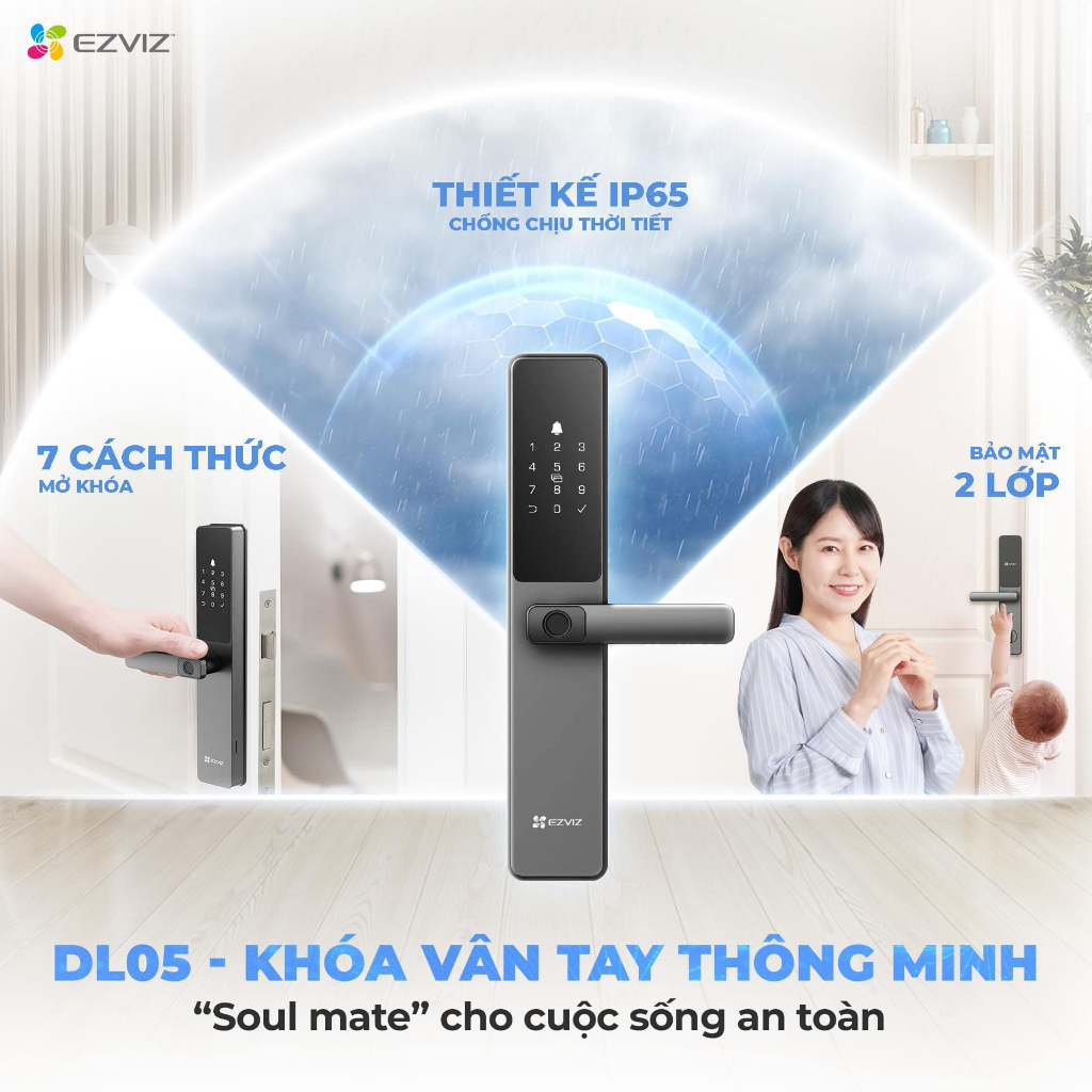Khóa Vân Tay EZVIZ DL05, Dùng Cho Cửa Gỗ, Nhiều Cách Mở Khóa, Tích Hợp Chuông Cửa, Kết Nối Với Camera EZVIZ 9