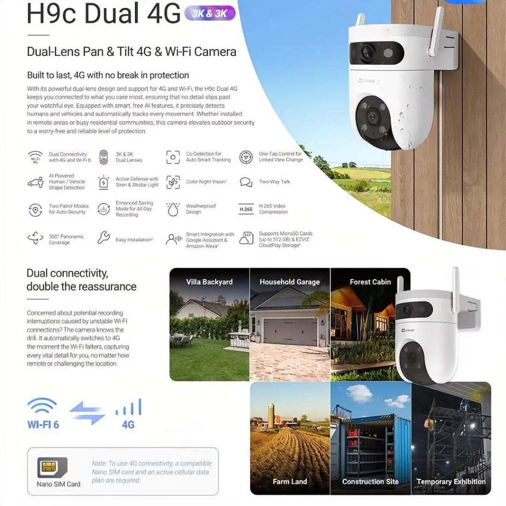Camera 4G/Wifi EZVIZ H9C 4G 10MP (5MP + 5MP) Ngoài Trời, Có Màu, Đàm Thoại, Xoay 360 Độ, AI 5
