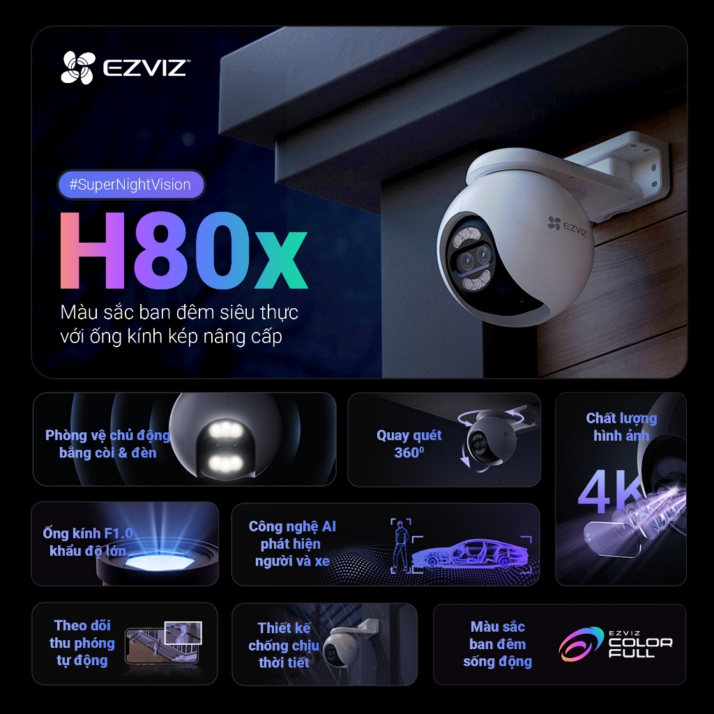 Camera Wifi EZVIZ H80X 4K 8MP, H8X 2K+ 4MP, H8 Pro 5MP, Xoay 360, Đàm Thoại 2 Chiều, Có Màu Ban Đêm 5