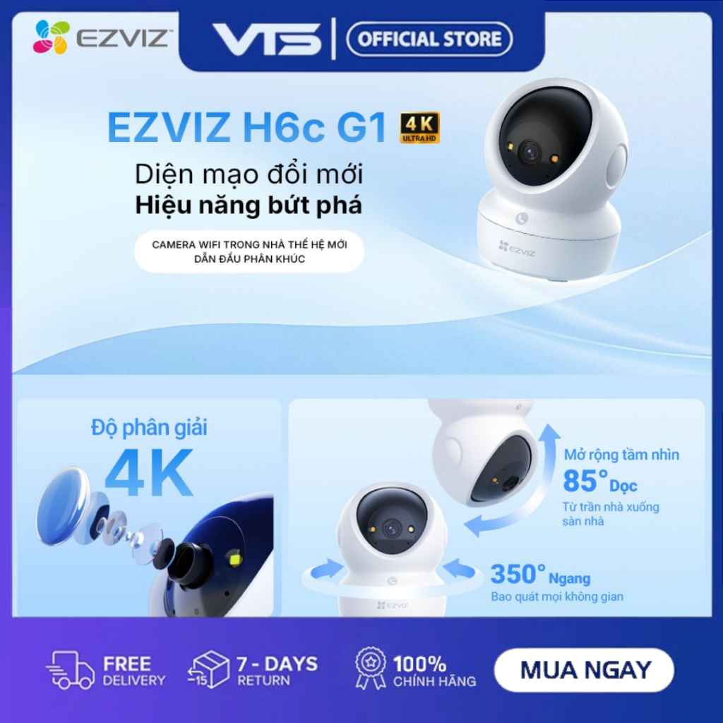 Camera Wifi EZVIZ H6C G1 4K 8MP, H6C G1 3MP/5MP, H6C PRO - Xoay 360 Độ, Đàm Thoại 2 Chiều, Theo Dõi 7