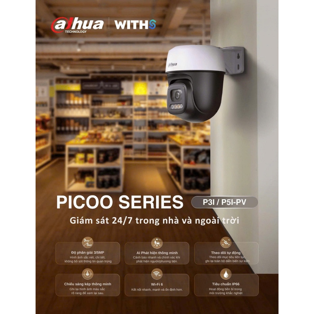 Camera Wifi Dahua Picco P3I 3MP/P5I 5MP Ngoài Trời, Xoay 360 Độ, Đàm Thoại 2 Chiều, Có Màu Ban Đêm, Báo Động Còi Đèn