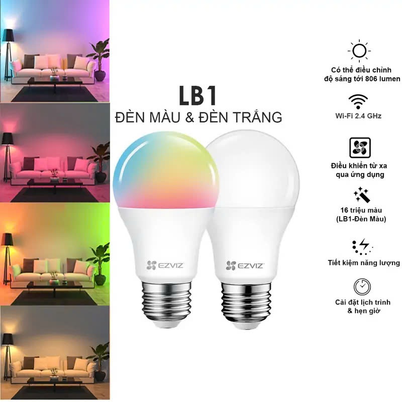 Bóng Đèn Thông Minh EZVIZ LB1 Color, 16 Triệu Màu, Kết Nối Wifi/ Đui Đèn Wifi HUNONIC Thông Minh 3