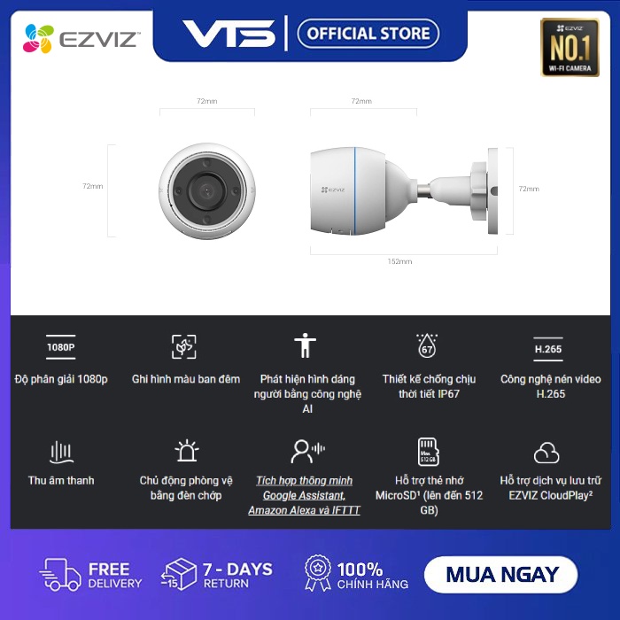 Camera IP Wifi EZVIZ H3C 2MP Color, Full HD - Có Màu Ban Đêm - H.265 Ngoài Trời, Chuẩn IP67 - VTS VN 3