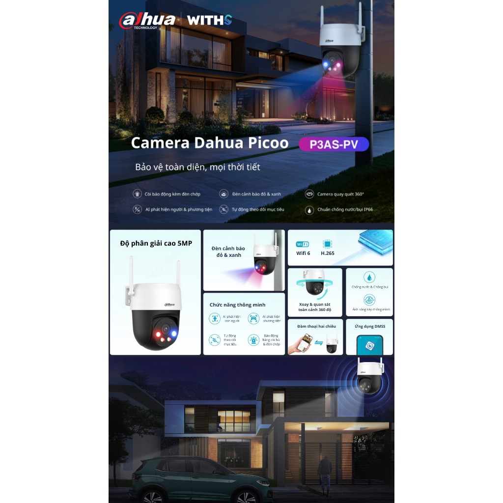 Camera Wifi DAHUA PICOO A2 DH-P3AS-PV 3MP/ DH-P5AS-PV 5MP Ngoài Trời, Xoay 360 Độ, Có Màu Ban Đêm, Đàm Thoại 6