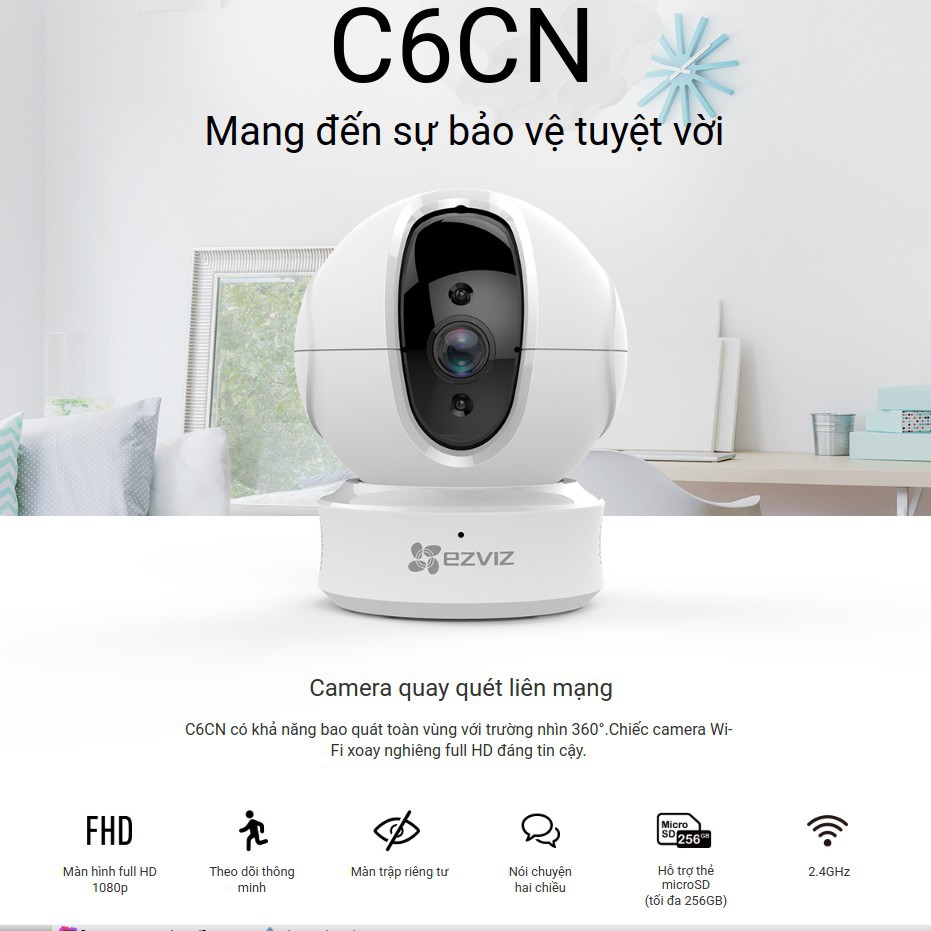[FREESHIP] Camera IP WIFI EZVIZ C6CN 4MP , Full HD 2KM, H.265 - Đàm Thoại 2 Chiều - Xoay 360 độ - CS-C6CN Công Nghệ AI 9