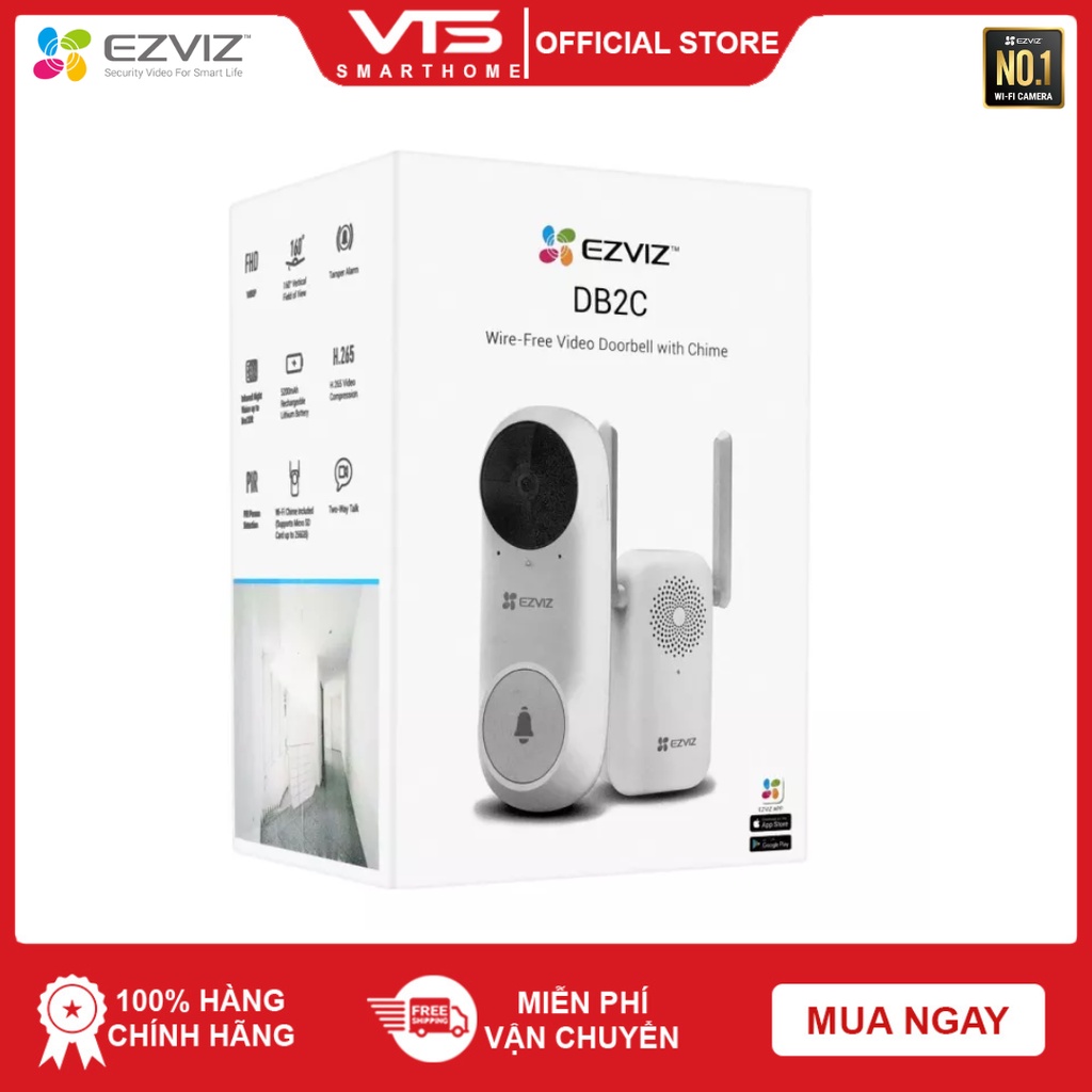 Chuông cửa không dây kèm camera EZVIZ DB2C, Còi báo động chống trộm, Góc Quan Sát Đọc 160°, Tầm Nhìn Ban Đêm Lên Tới 6m 4