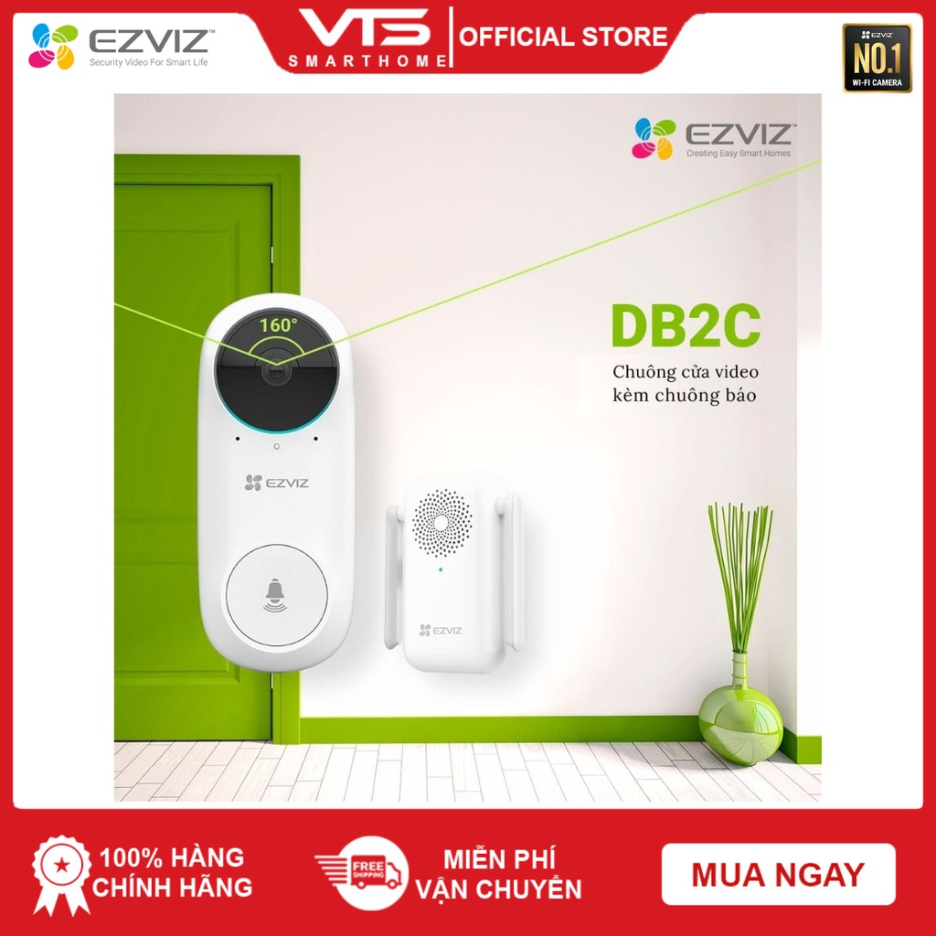 Chuông cửa không dây kèm camera EZVIZ DB2C, Còi báo động chống trộm, Góc Quan Sát Đọc 160°, Tầm Nhìn Ban Đêm Lên Tới 6m 6