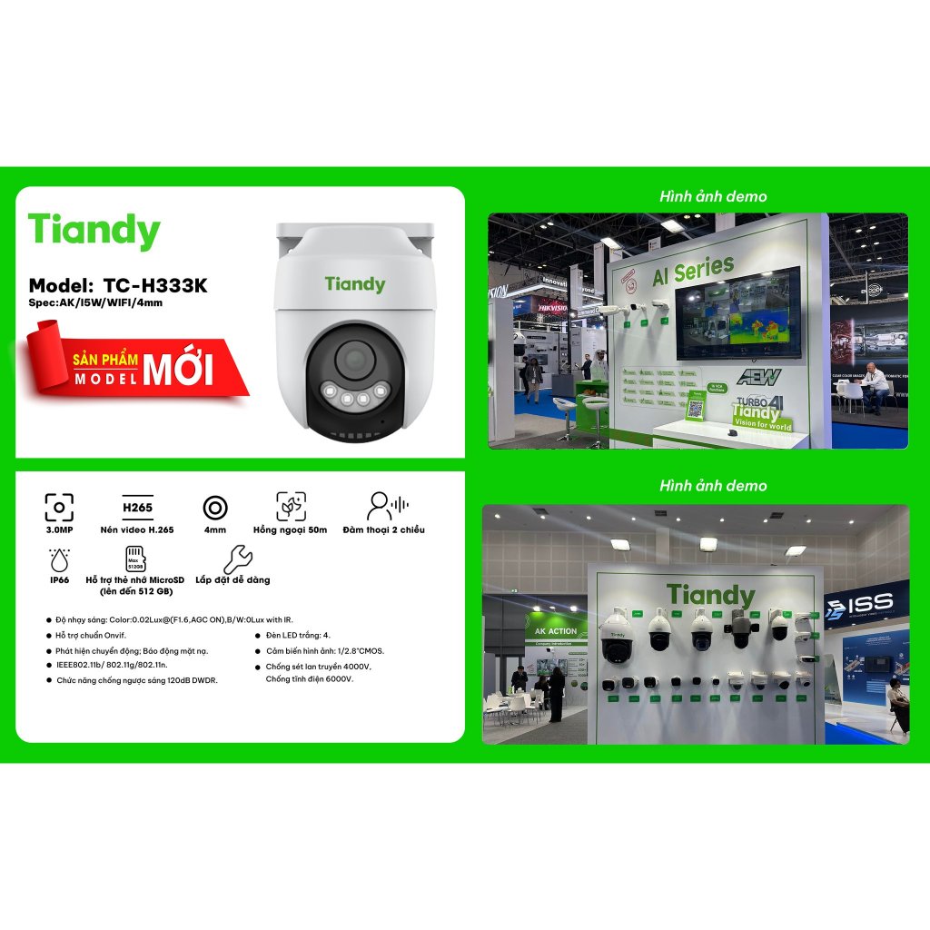 Camera Wifi Ngoài Trời TIANDY TC-H333N|TC-H333K|TC-H334S, Xoay 360 Độ, Có Màu Ban Đêm, Đàm Thoại 2 Chiều