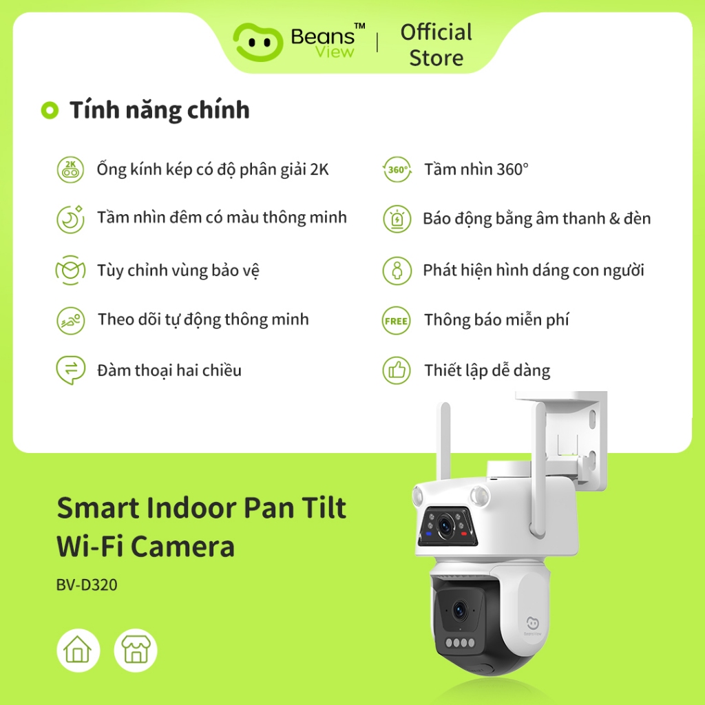 Camera Wifi 2 Mắt BeansView D320 3MP+3MP/5MP+5MP Ngoài Trời, Ống Kính Kép, Có Màu Ban Đêm, Báo Động 4