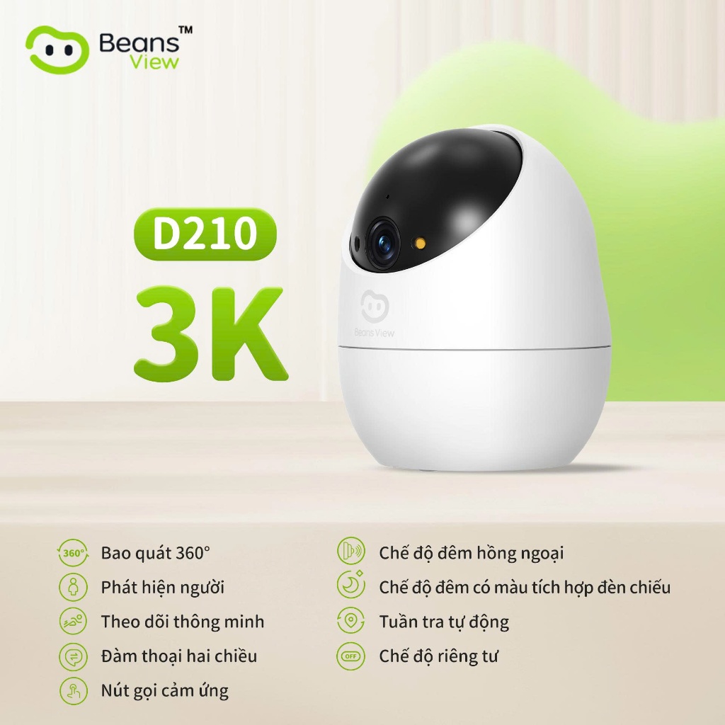Camera Wifi BeansView D210 2MP/5MP Trong Nhà , Xoay 360 Độ, Đàm Thoại, Phát Hiện Người Và Thú Cưng