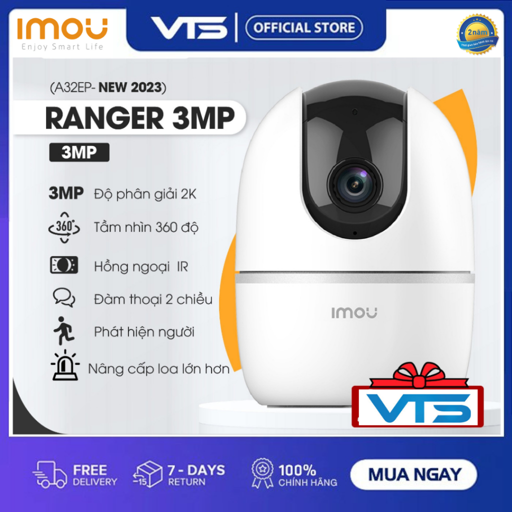 Camera Wifi IMOU RANGER 2 A32EP 3MP 2K,Trong Nhà, Xoay 360 Độ, Đàm Thoại 2 Chiều, Còi Báo Động - VTS 3