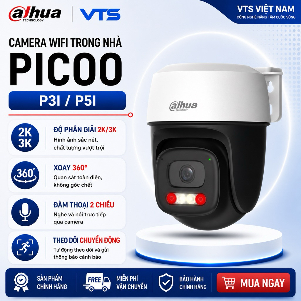Camera Wifi DAHUA P3I 3MP/P5I 5MP Ngoài Trời, Có Màu Ban Đêm, Xoay 360 Độ, Đàm Thoại, Theo Dõi 3
