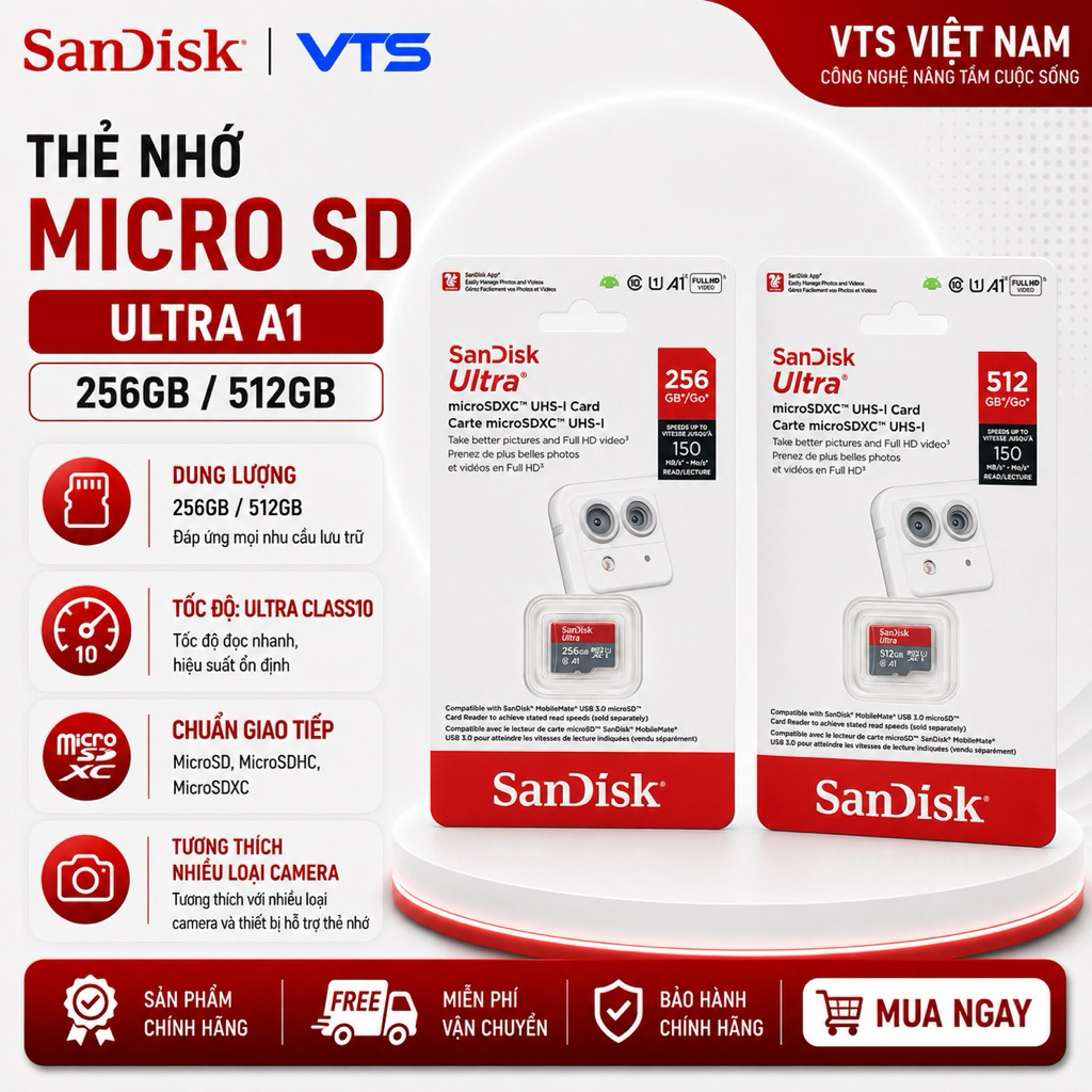 Thẻ Nhớ MicroSDXC SanDisk 256GB/512GB Ultra A1 C10 U1 UHS-I 150MB/s Chính Hãng, Bảo Hành 7 Năm 2