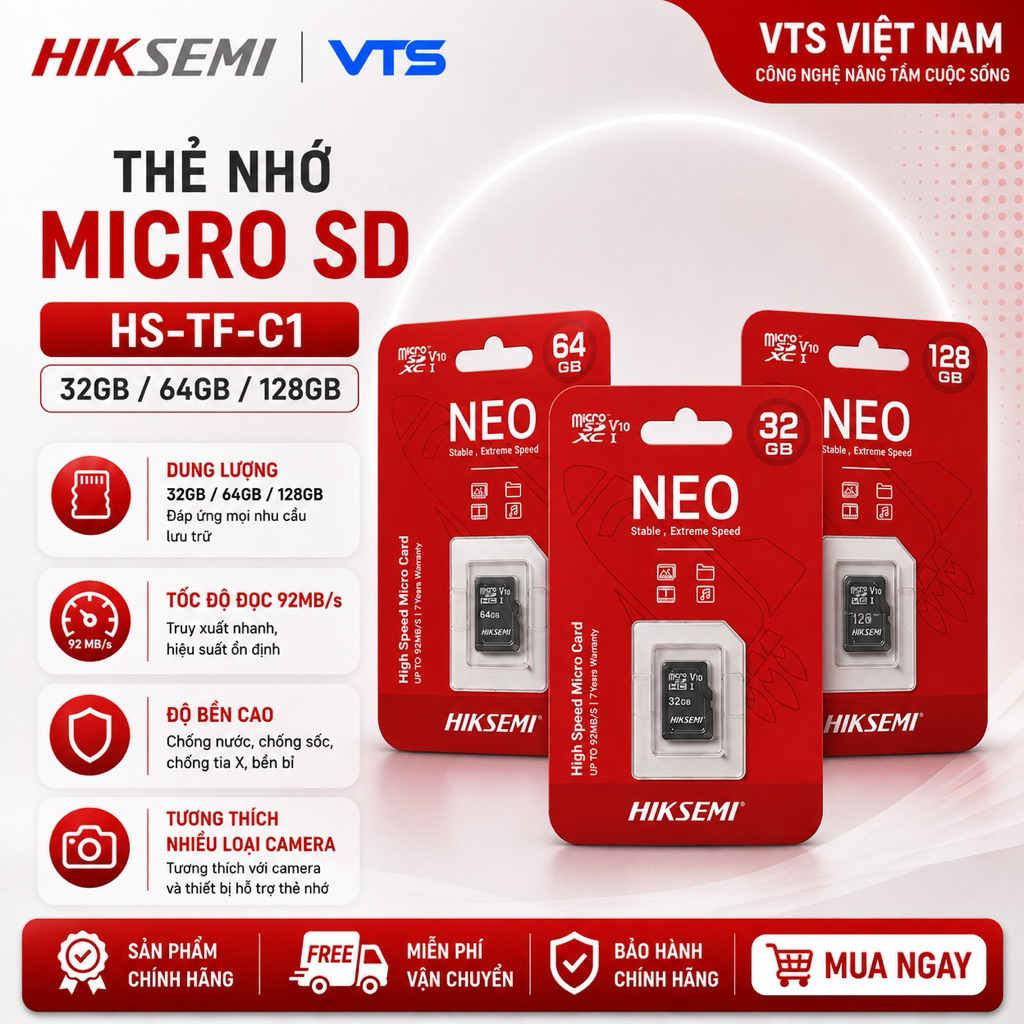 Thẻ Nhớ Micro SD HIKSEMI 32GB/64GB/128GB/256GB Chính Hãng, Class 10, 92MB/s, Chuyên Dụng Cho Camera 2