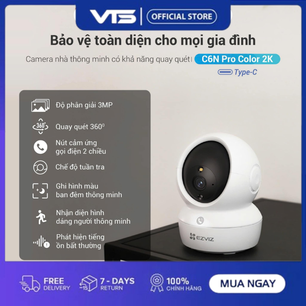 Camera Wifi EZVIZ C6N G1 3MP/C6N G1 5MP/C6N PRO 3MP, Xoay 360 Độ, Đàm Thoại 2 Chiều, Theo Dõi 5