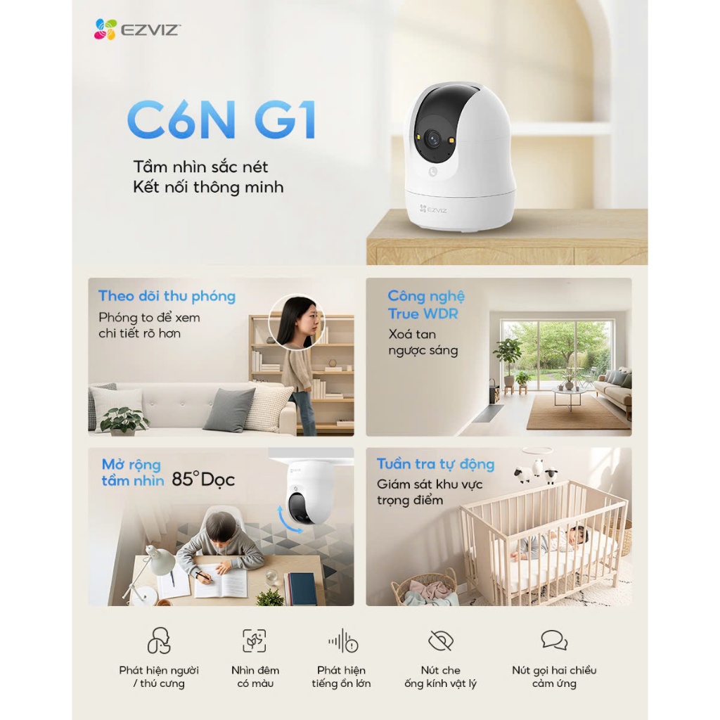 Camera Wifi EZVIZ H6C G1 3K 5MP/ C6N G1 3K 5MP/ H6C PRO 3MP/ C6N PRO 3MP - Xoay 360 Độ, Đàm Thoại 2 Chiều, AI Thông Minh 8
