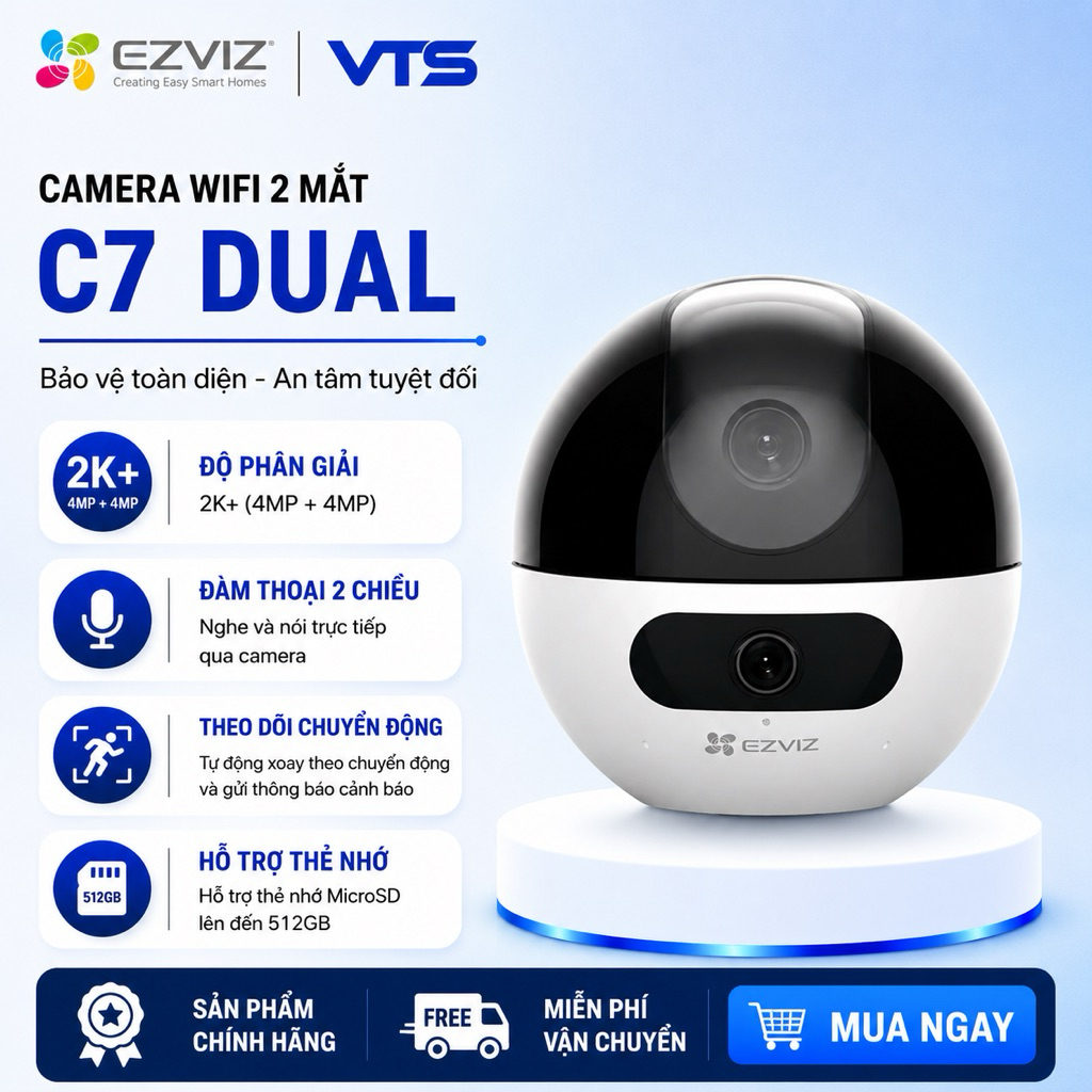 Camera Wifi EZVIZ 2 Mắt C7 Dual 2K+ (4MP + 4MP) Trong Nhà Cao Cấp, Xoay 360 Độ - Đàm Thoại 2 Chiều 2