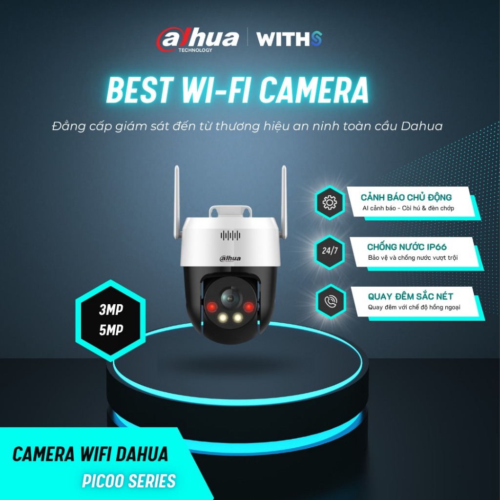 Camera Wifi DAHUA PICOO A2 DH-P3AS-PV 3MP/ DH-P5AS-PV 5MP Ngoài Trời, Xoay 360 Độ, Có Màu Ban Đêm, Đàm Thoại 5